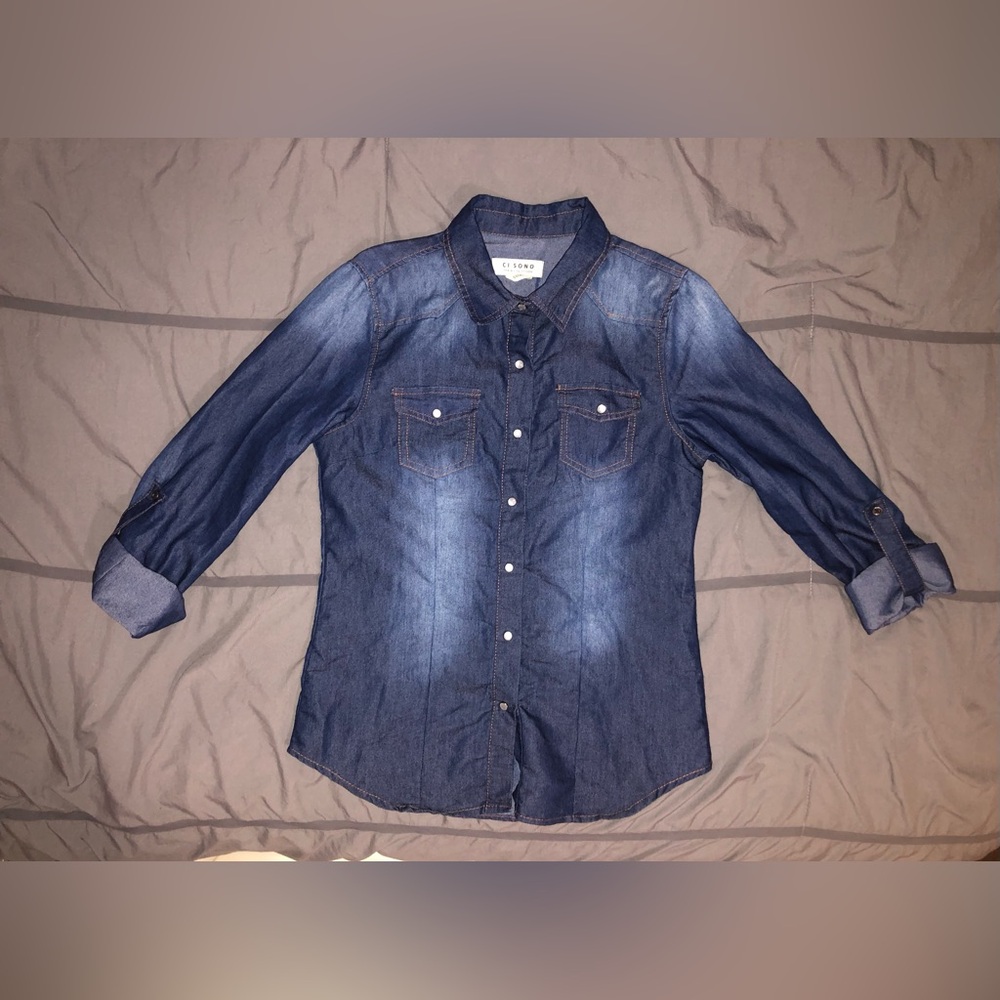 Ci Sono Pearl Button Snap Denim Blouse CUTE! Ladies Small